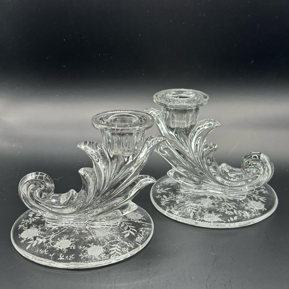 Beautiful Vintage Fostoria Chintz Cornucopia Candlestick Pair
